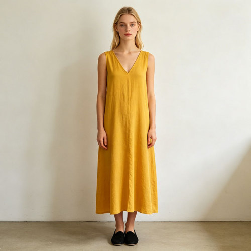 Mustard Yellow Linen Maxi Dress – Minimalist V-Neck Sleeveless Summer Dress