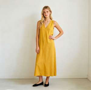 Mustard Yellow Linen Maxi Dress – Minimalist V-Neck Sleeveless Summer Dress
