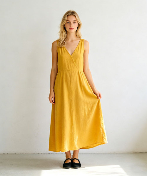 Mustard Yellow Linen Maxi Dress – Minimalist V-Neck Sleeveless Summer Dress