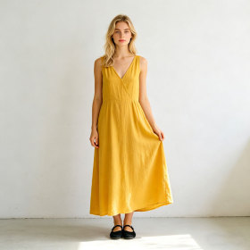 Mustard Yellow Linen Maxi Dress – Minimalist V-Neck Sleeveless Summer Dress