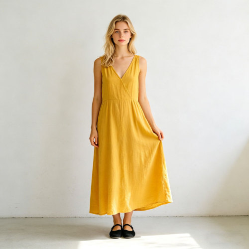 Mustard Yellow Linen Maxi Dress – Minimalist V-Neck Sleeveless Summer Dress