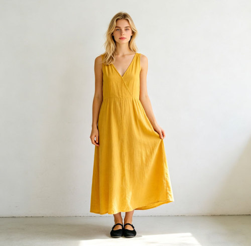 Mustard Yellow Linen Maxi Dress – Minimalist V-Neck Sleeveless Summer Dress