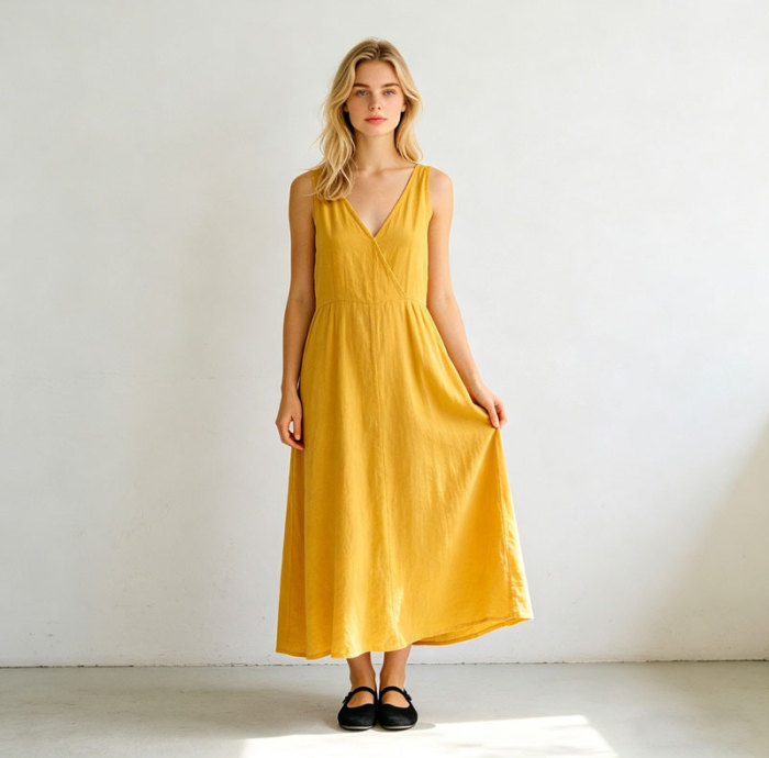 Mustard Yellow Linen Maxi Dress – Minimalist V-Neck Sleeveless Summer Dress