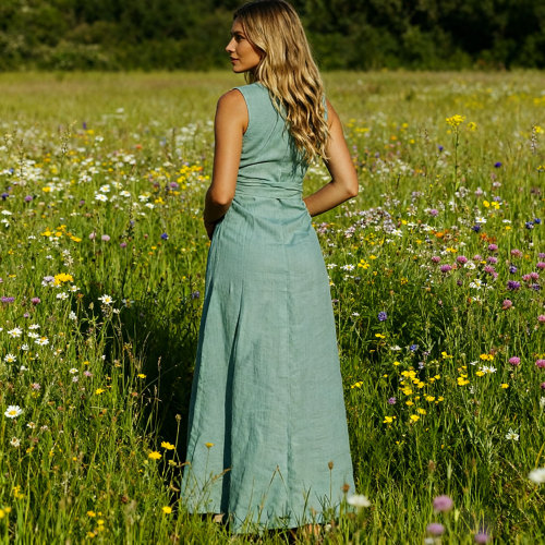 Sage Green Linen Maxi Dress | Sleeveless Waist Tie Summer Dress | KOSSR