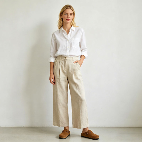 Beige Linen Wide Leg Pants – Relaxed Fit High Waist Summer Trousers for Effortless Style