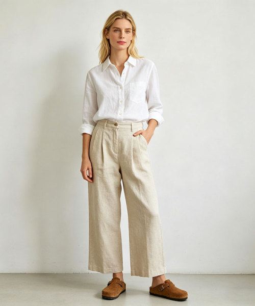 Beige Linen Wide Leg Pants – Relaxed Fit High Waist Summer Trousers for Effortless Style