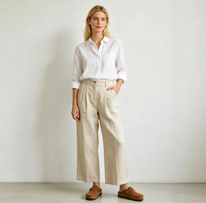 Beige Linen Wide Leg Pants – Relaxed Fit High Waist Summer Trousers for Effortless Style