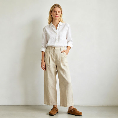 Beige Linen Wide Leg Pants – Relaxed Fit High Waist Summer Trousers for Effortless Style