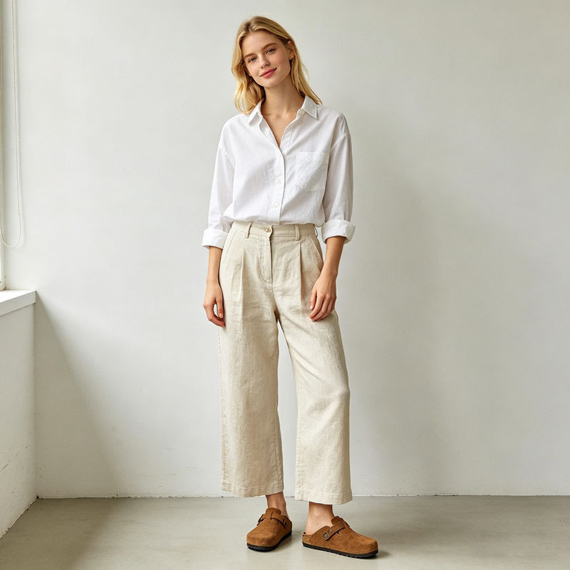 Beige Linen Wide Leg Pants – Relaxed Fit High Waist Summer Trousers for Effortless Style