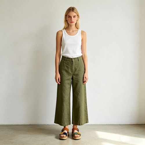 Olive Green Linen Wide Leg Pants – High Waist Breathable Summer Trousers for Effortless Style