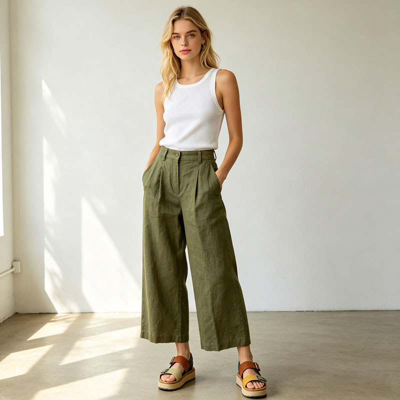 Olive Green Linen Wide Leg Pants – High Waist Breathable Summer Trousers for Effortless Style