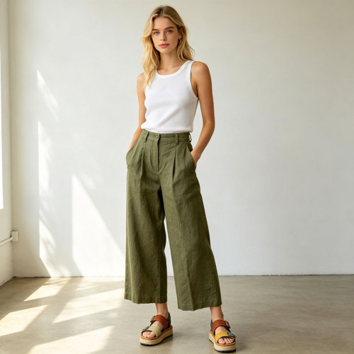 Olive Green Linen Wide Leg Pants – High Waist Breathable Summer Trousers for Effortless Style