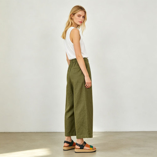 Olive Green Linen Wide Leg Pants – High Waist Breathable Summer Trousers for Effortless Style
