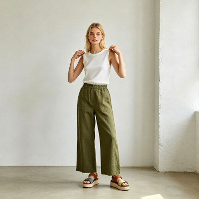 Olive Green Linen Wide Leg Pants – High Waist Breathable Summer Trousers for Effortless Style