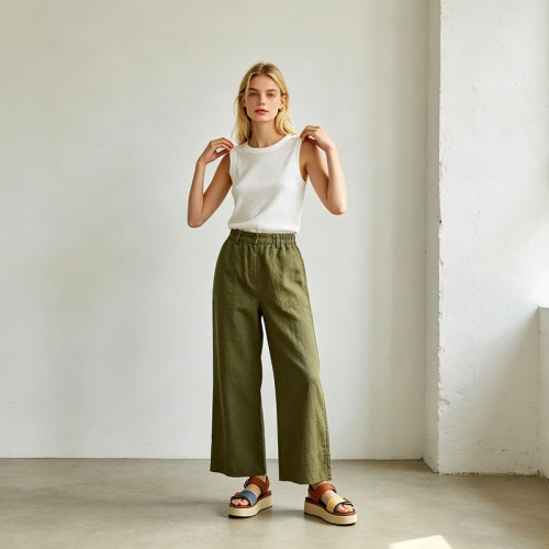 Olive Green Linen Wide Leg Pants – High Waist Breathable Summer Trousers for Effortless Style