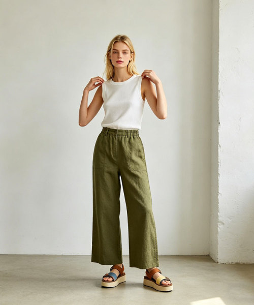 Olive Green Linen Wide Leg Pants – High Waist Breathable Summer Trousers for Effortless Style