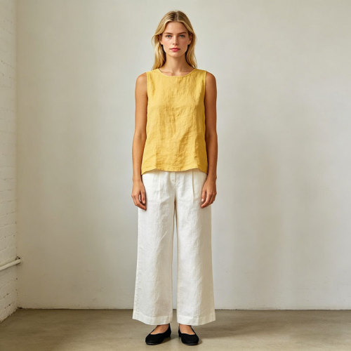 White Linen Wide Leg Pants – Elastic Waist Lightweight Summer Trousers for Effortless Comfort