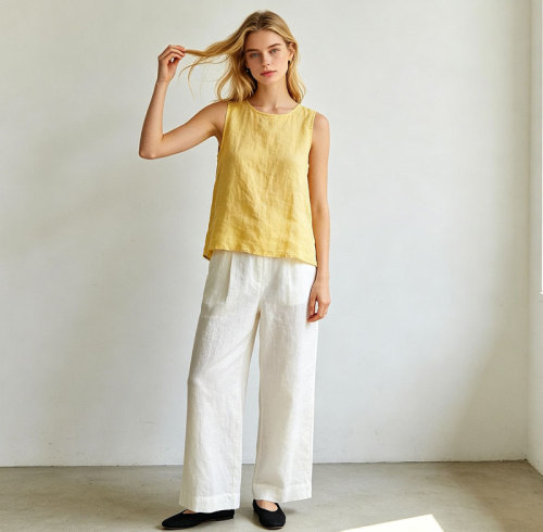 White Linen Wide Leg Pants – Elastic Waist Lightweight Summer Trousers for Effortless Comfort