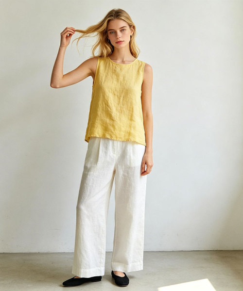 White Linen Wide Leg Pants – Elastic Waist Lightweight Summer Trousers for Effortless Comfort