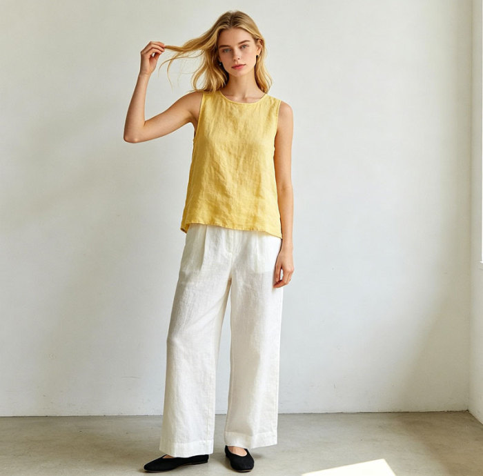 White Linen Wide Leg Pants – Elastic Waist Lightweight Summer Trousers for Effortless Comfort