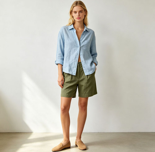 Olive Green Linen Shorts – High Waist Breathable Summer Shorts with Relaxed Fit