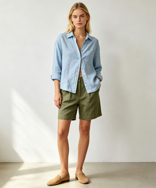 Olive Green Linen Shorts – High Waist Breathable Summer Shorts with Relaxed Fit