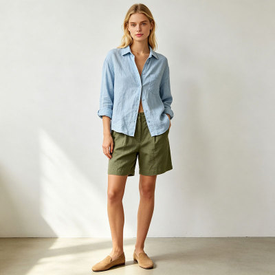 Olive Green Linen Shorts – High Waist Breathable Summer Shorts with Relaxed Fit