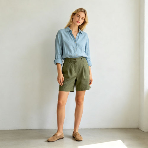 Olive Green Linen Shorts – High Waist Breathable Summer Shorts with Relaxed Fit