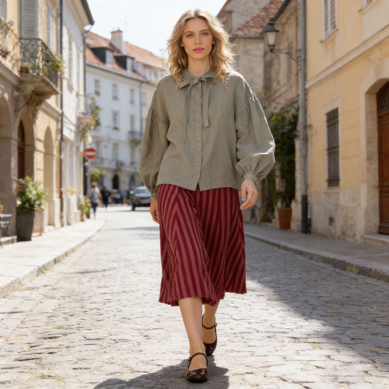 KOSSR Linen Tie-Neck Blouse – French Vintage Relaxed Linen Shirt