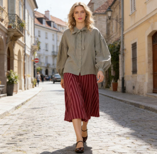 KOSSR Linen Tie-Neck Blouse – French Vintage Relaxed Linen Shirt