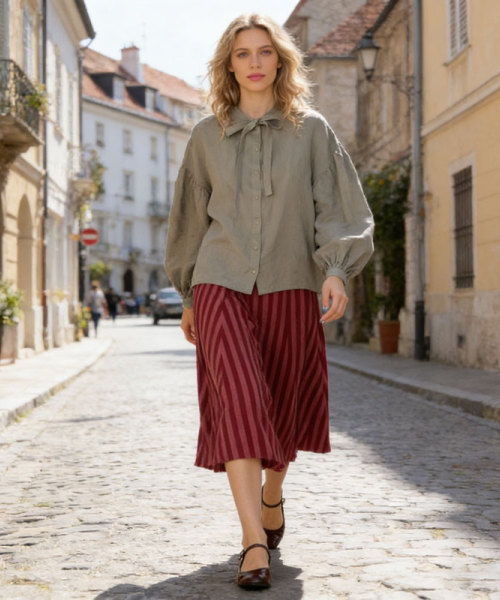 KOSSR Linen Tie-Neck Blouse – French Vintage Relaxed Linen Shirt