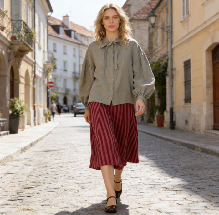 KOSSR Linen Tie-Neck Blouse – French Vintage Relaxed Linen Shirt