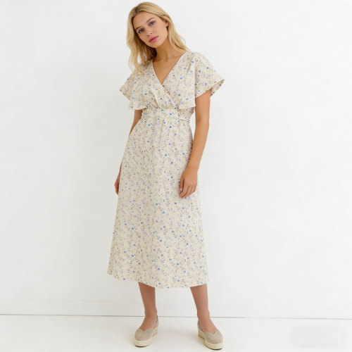 KOSSR Floral Linen Midi Dress – Lightweight French Cottagecore Summer Dress