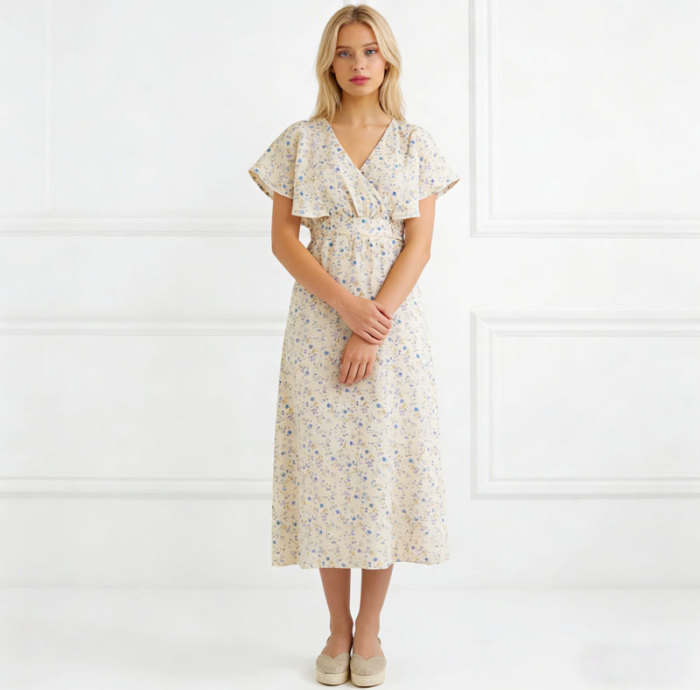 KOSSR Floral Linen Midi Dress – Lightweight French Cottagecore Summer Dress