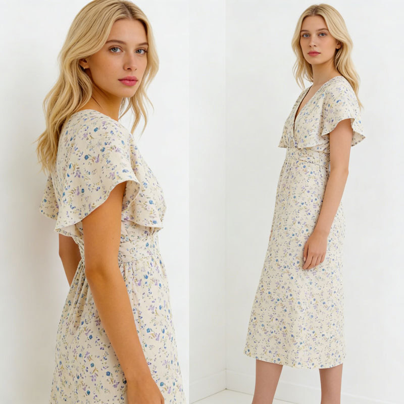 KOSSR Floral Linen Midi Dress – Lightweight French Cottagecore Summer Dress