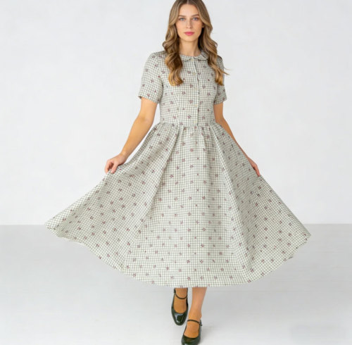Gingham Floral Linen Midi Dress | Vintage Collar Dress Women | KOSSR