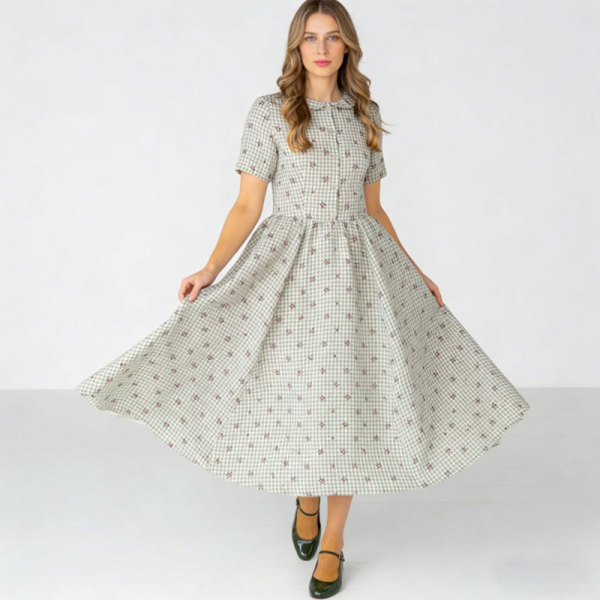 Gingham Floral Linen Midi Dress | Vintage Collar Dress Women | KOSSR