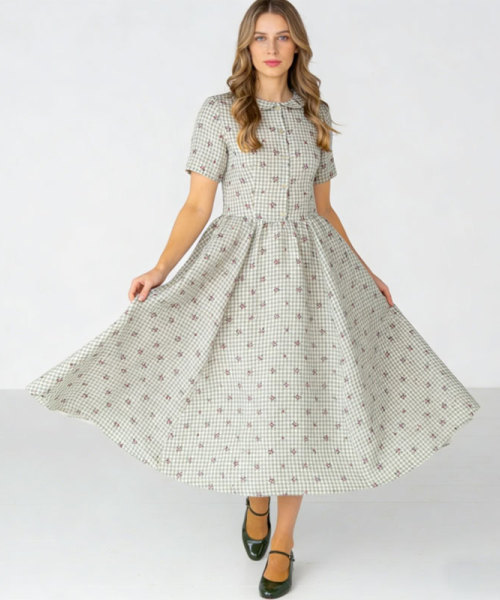 Gingham Floral Linen Midi Dress | Vintage Collar Dress Women | KOSSR