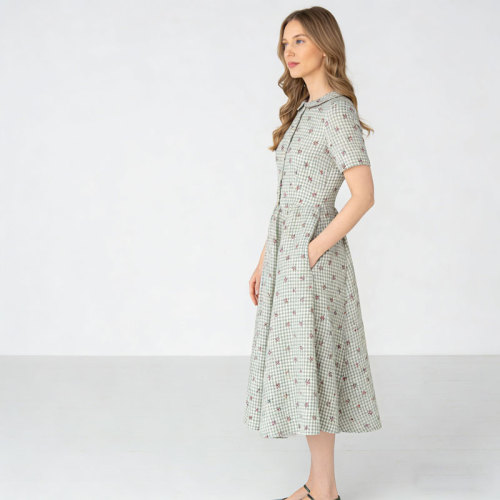 Gingham Floral Linen Midi Dress | Vintage Collar Dress Women | KOSSR