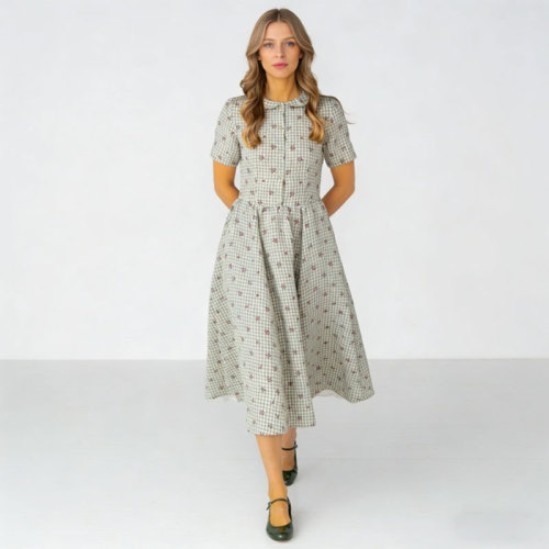 Gingham Floral Linen Midi Dress | Vintage Collar Dress Women | KOSSR