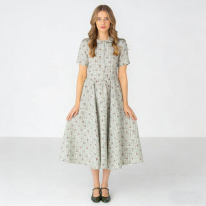 Gingham Floral Linen Midi Dress | Vintage Collar Dress Women | KOSSR