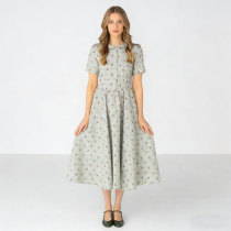 Gingham Floral Linen Midi Dress | Vintage Collar Dress Women | KOSSR
