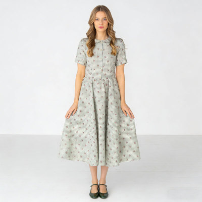 Gingham Floral Linen Midi Dress | Vintage Collar Dress Women | KOSSR
