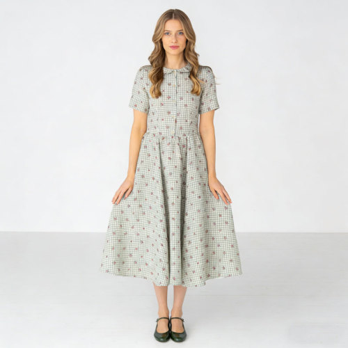 Gingham Floral Linen Midi Dress | Vintage Collar Dress Women | KOSSR