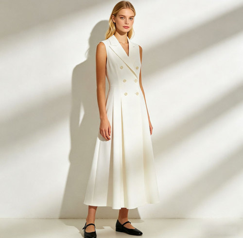 Sleeveless Linen Midi Dress Women | Double Breasted Elegant Dress | KOSSR