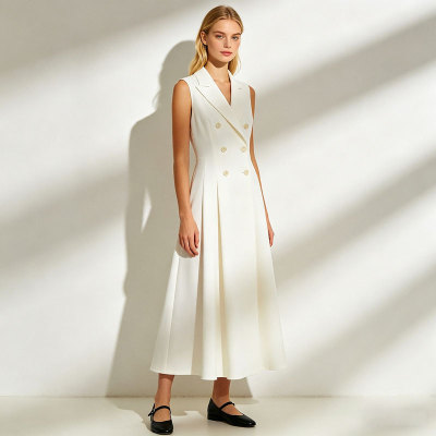 Sleeveless Linen Midi Dress Women | Double Breasted Elegant Dress | KOSSR
