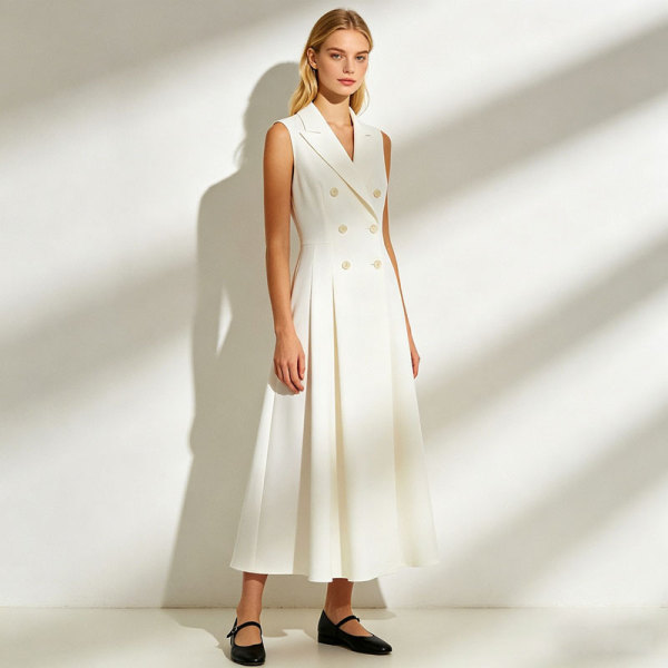 Sleeveless Linen Midi Dress Women | Double Breasted Elegant Dress | KOSSR