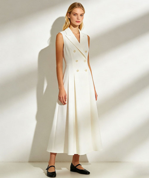 Sleeveless Linen Midi Dress Women | Double Breasted Elegant Dress | KOSSR