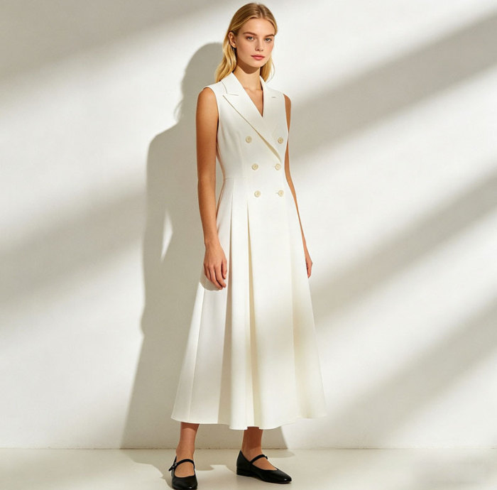 Sleeveless Linen Midi Dress Women | Double Breasted Elegant Dress | KOSSR
