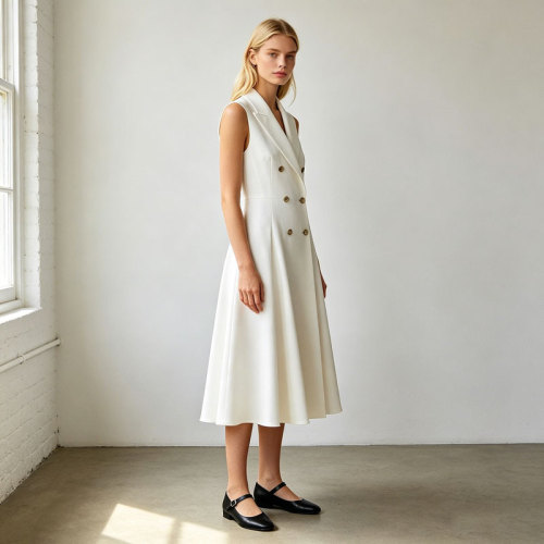 Sleeveless Linen Midi Dress Women | Double Breasted Elegant Dress | KOSSR